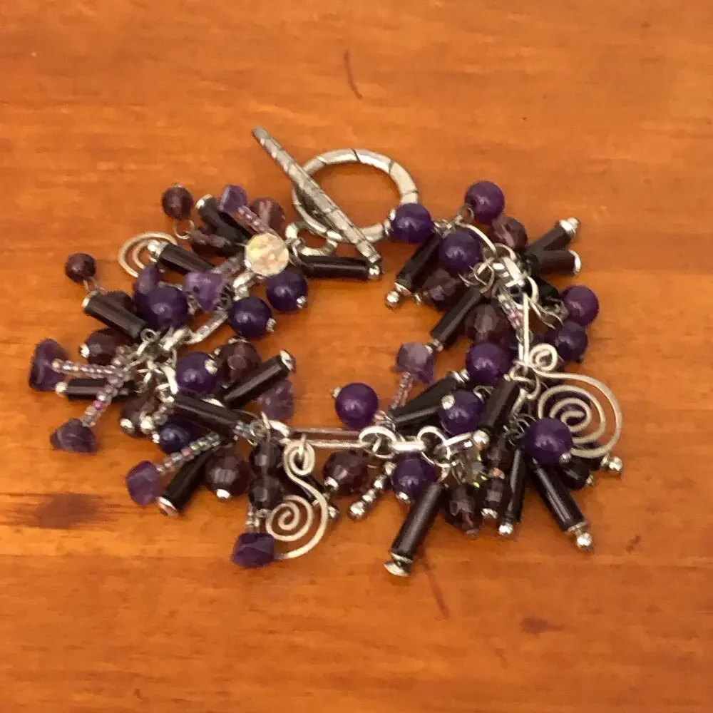 Purple Glass Bead Charm Bracelet Silver Tone Dangle Statement Jewelry - Picture 7 of 8